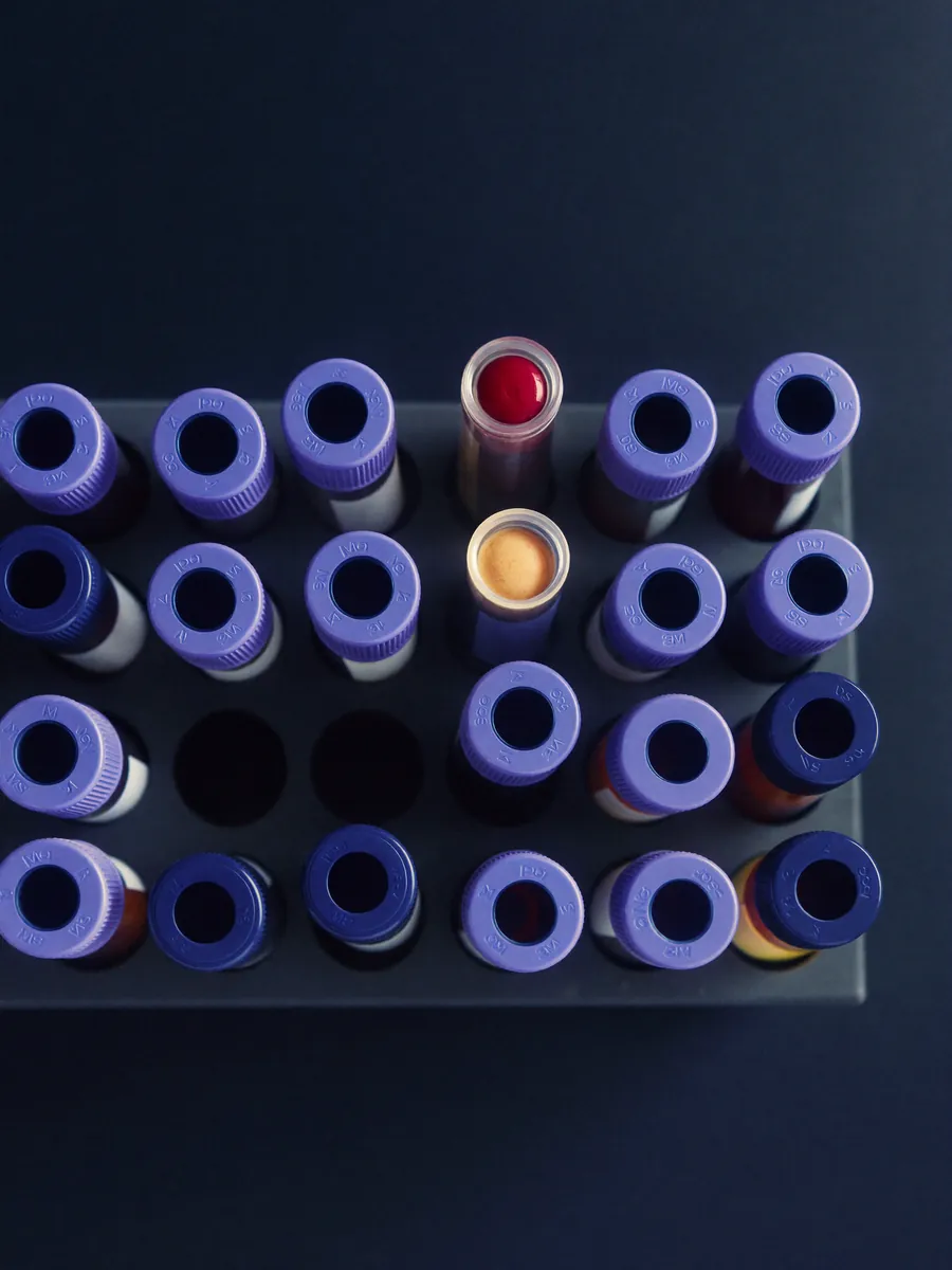 Blood sample tubes in a rack, seen from above.